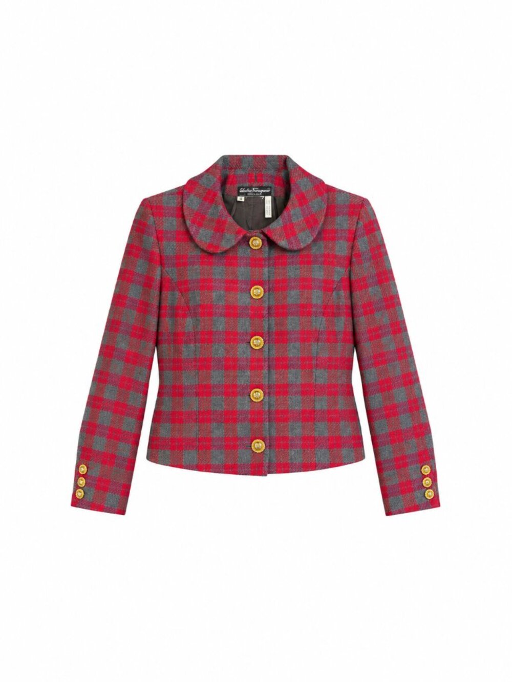 Salvatore Ferragamo Vintage Plaid Jacket Gold Crest Buttons Made Italy Size 12
